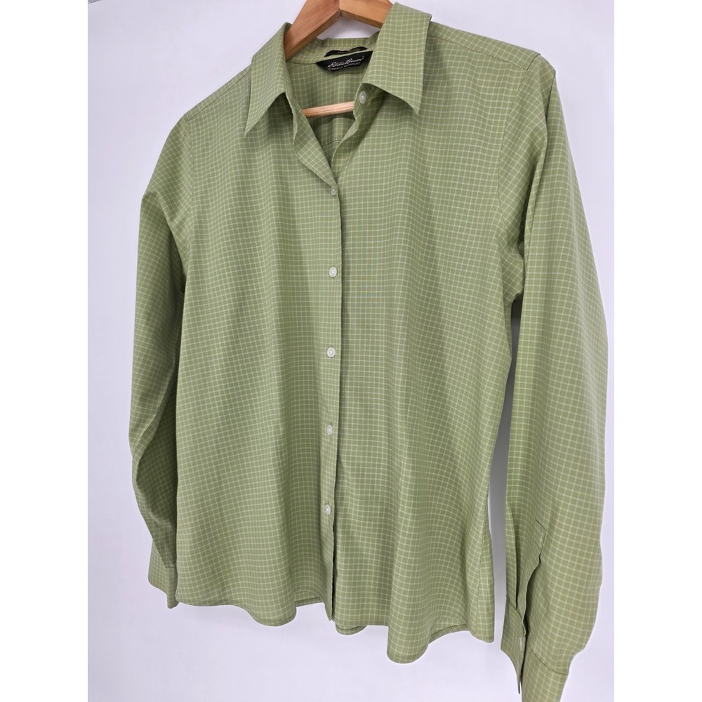 Y2K Eddie Bauer Sage Green Button Up Shirt Wrinkle Resistance Stretch Fitted L